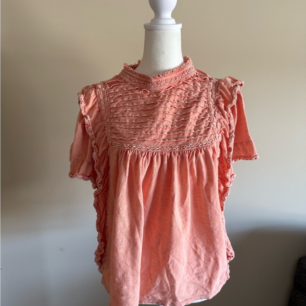 Free People Peach Ruffle Lace Short Sleeve Blouse - Picture 2 of 6